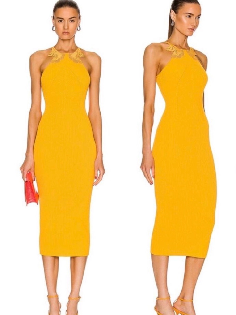 Self-Portrait Canary Yellow Inserted Lace Knit Midi Dress Size S